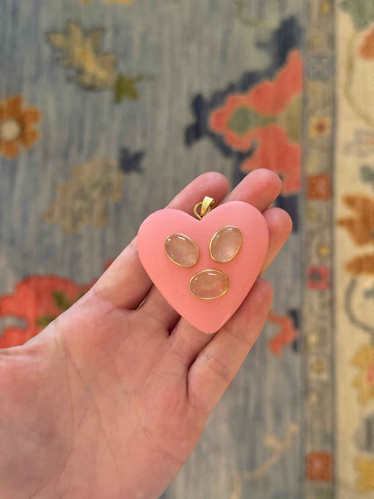Pink Wooden Heart charm with Clear Stones