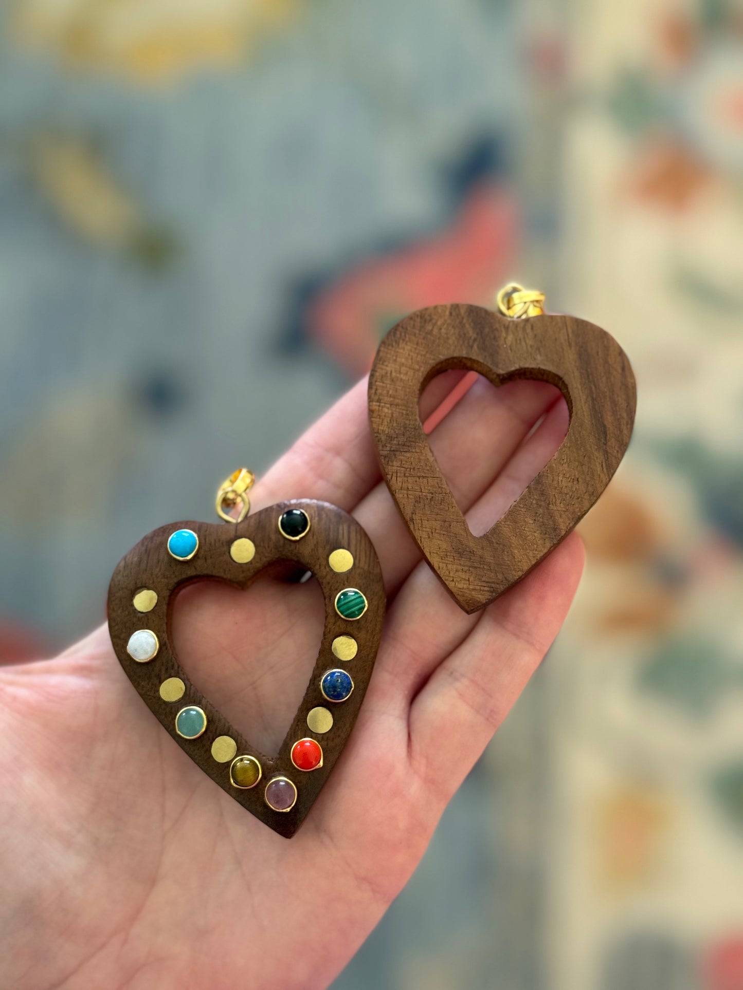 Wooden Gemstone Heart Charm