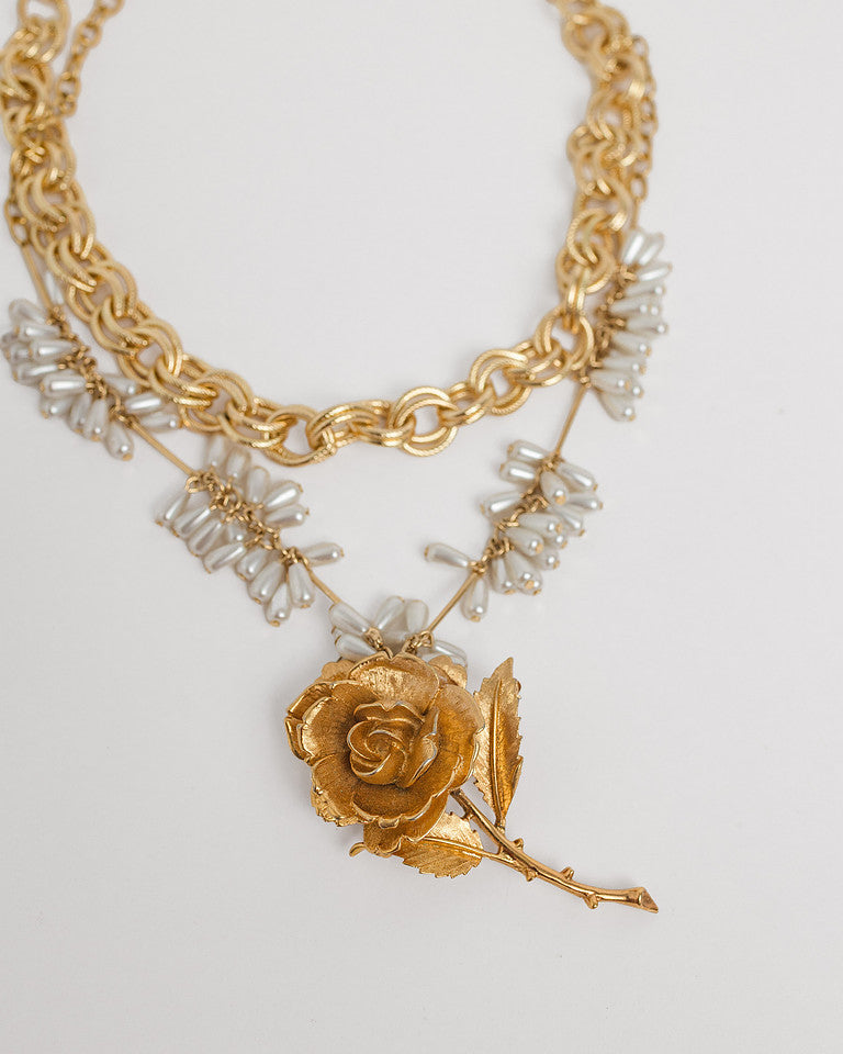 Gilded Rose Antique Brooch Necklace